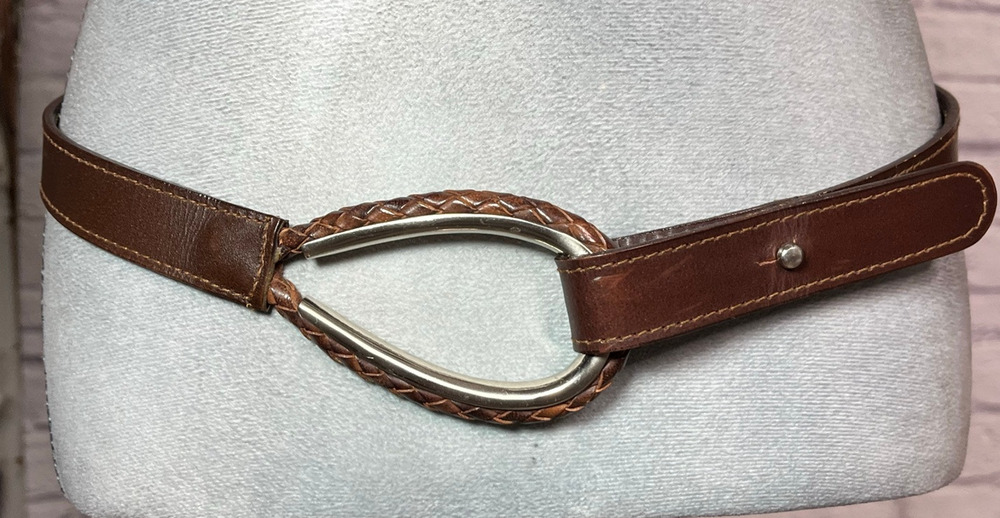 Vintage Leather Slide Adjust Belt with Teardrop Loop Buckle & Whipstitch Detail